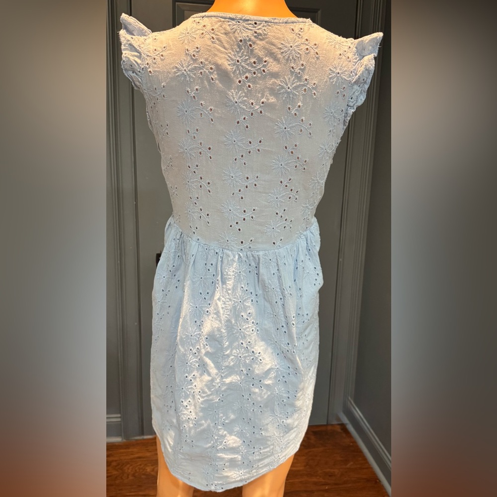 Light Blue Eyelet Dress Cotton V Neck Ruffle Sleeve Mini Cottagecore S - Picture 5 of 9